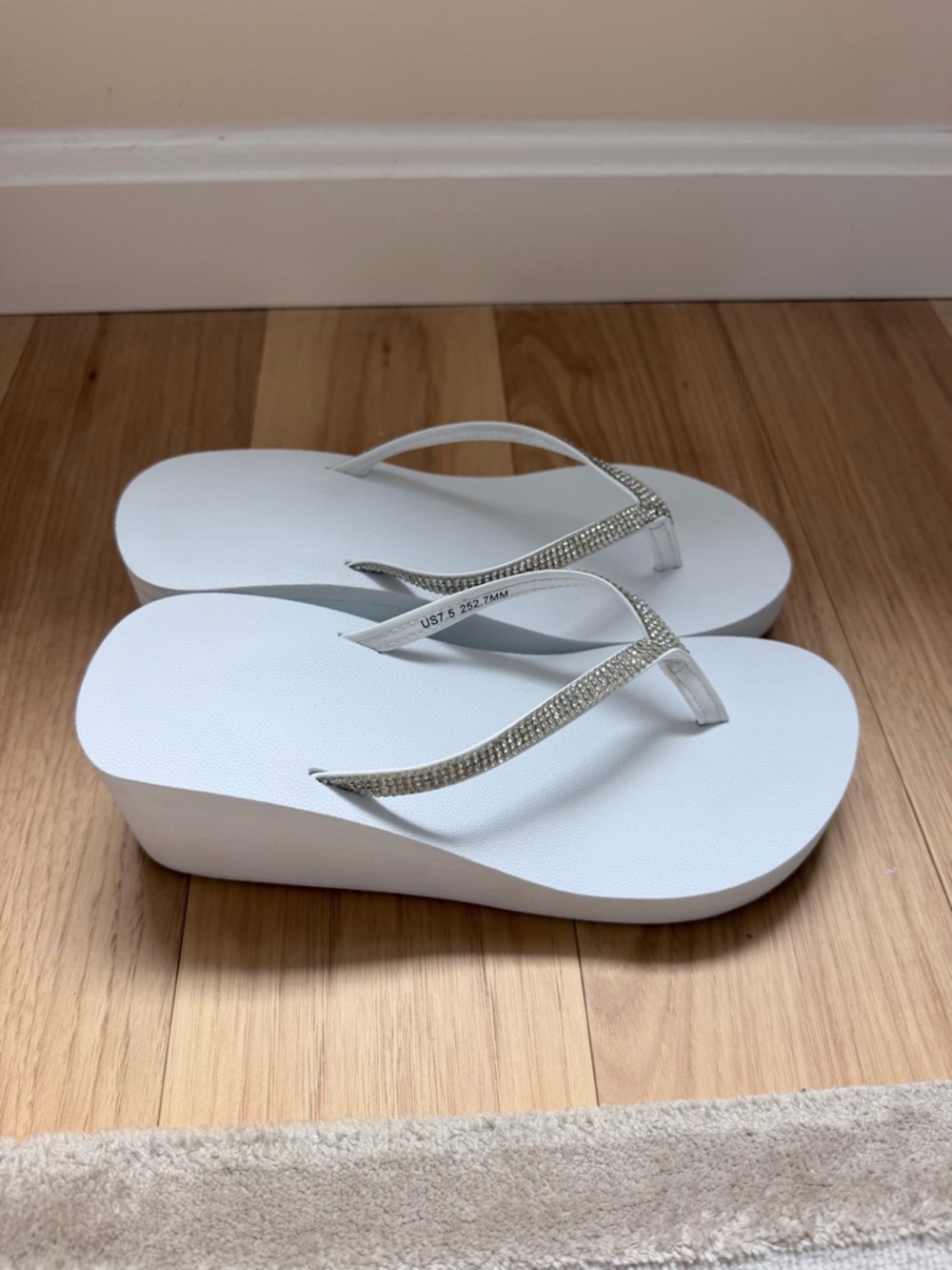White Rhinestone Wedge Flip Flops - Women
